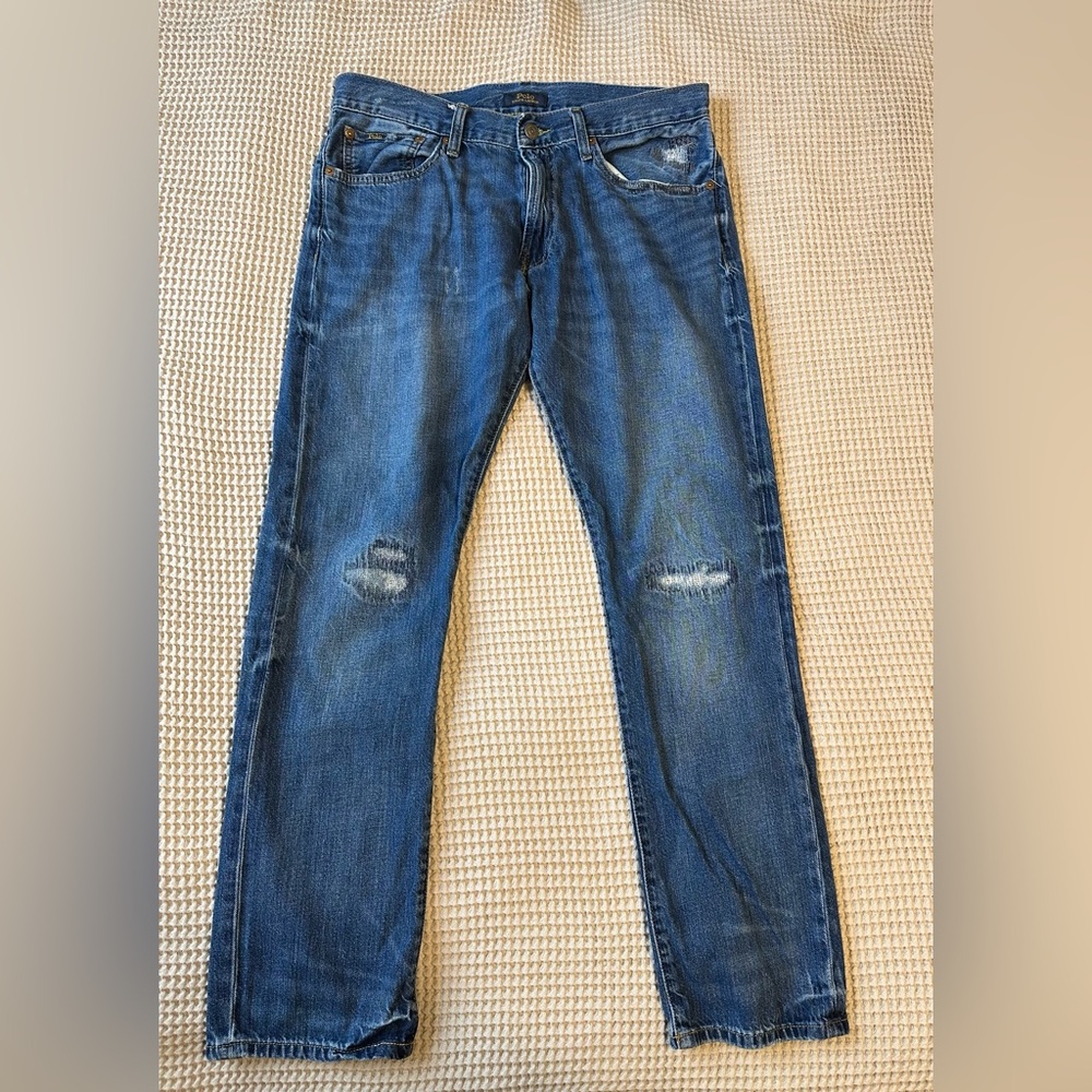 Polo Ralph Lauren Varick Slim Straight Mens 32x32 Distressed Denim Blue Jeans